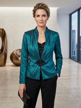 Dressbarn Collection Emerald Green Black Gem Details Evening Cocktail Blazer